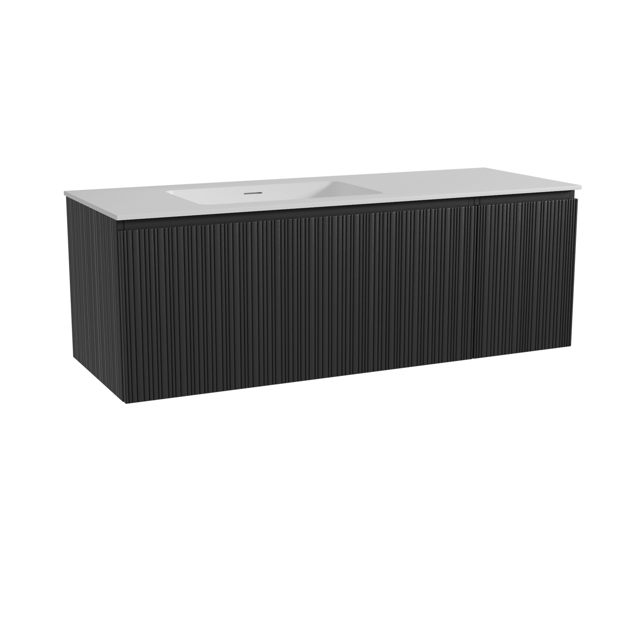 Storke Ribs hängendes Möbelstück Set: 140 x 52 cm, Schwarze Eiche, mit Mata Waschtisch links, Solid Surface, Weiß matt, Vertikale asymmetrische gerade Rippe