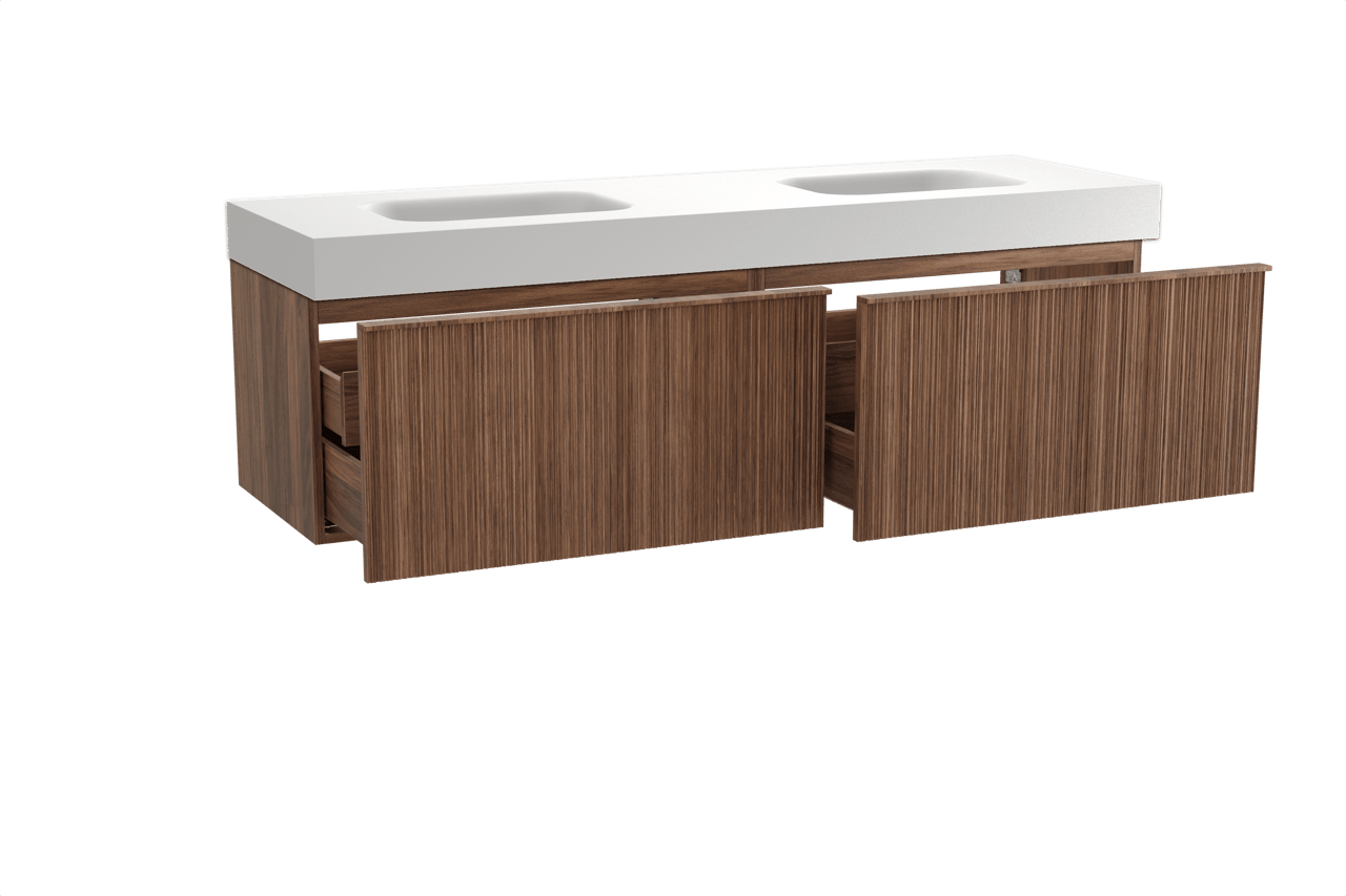 Balmani Forma meuble salle de bains suspendu 180 x 55 cm noyer américain avec Arcato double vasque en solid surface blanc mat, Nervure circulaire asymétrique verticale