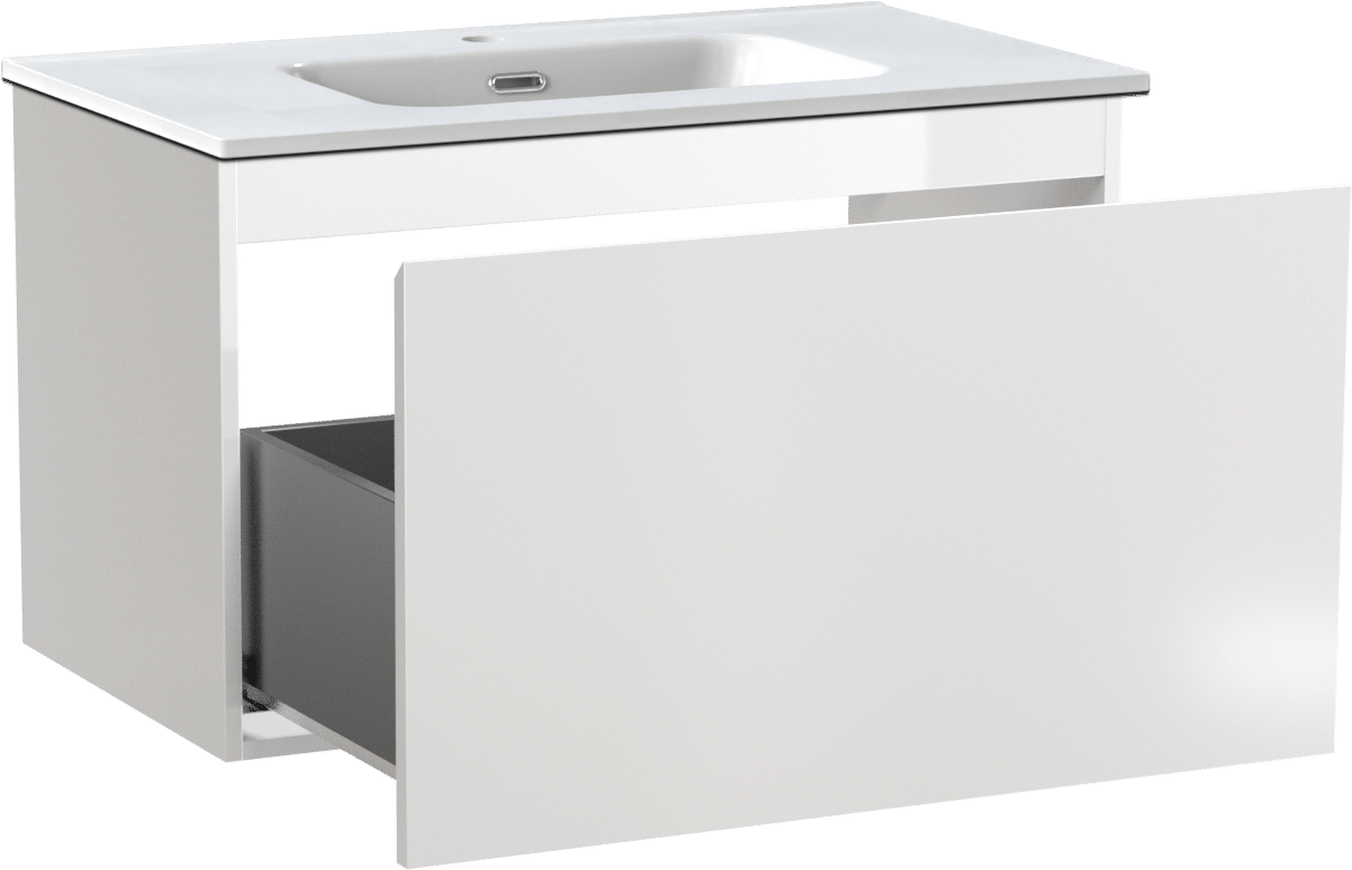 Linie Lado hängendes Möbelstück Set: 80 x 46 cm, Weiß glänzend, mit Baro Einzelwaschtisch, Porzellan Weiß glänzend