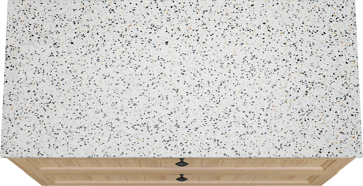 Balmani Lemon freistehendes Möbelstück Set: 120 x 55 cm, Naturbelassene Eiche Furnier, mit Stretto Einzel- oder Doppel Waschtischplatte, Terrazzo in Weiß/Schwarz matt