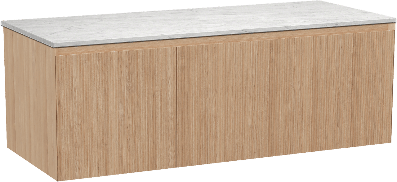 Balmani Fila zwevend badkamermeubel 135 x 55 cm natuur eik met Stretto enkel of dubbel tablet in marmer carrara, Verticale symmetrische rechte ribbel