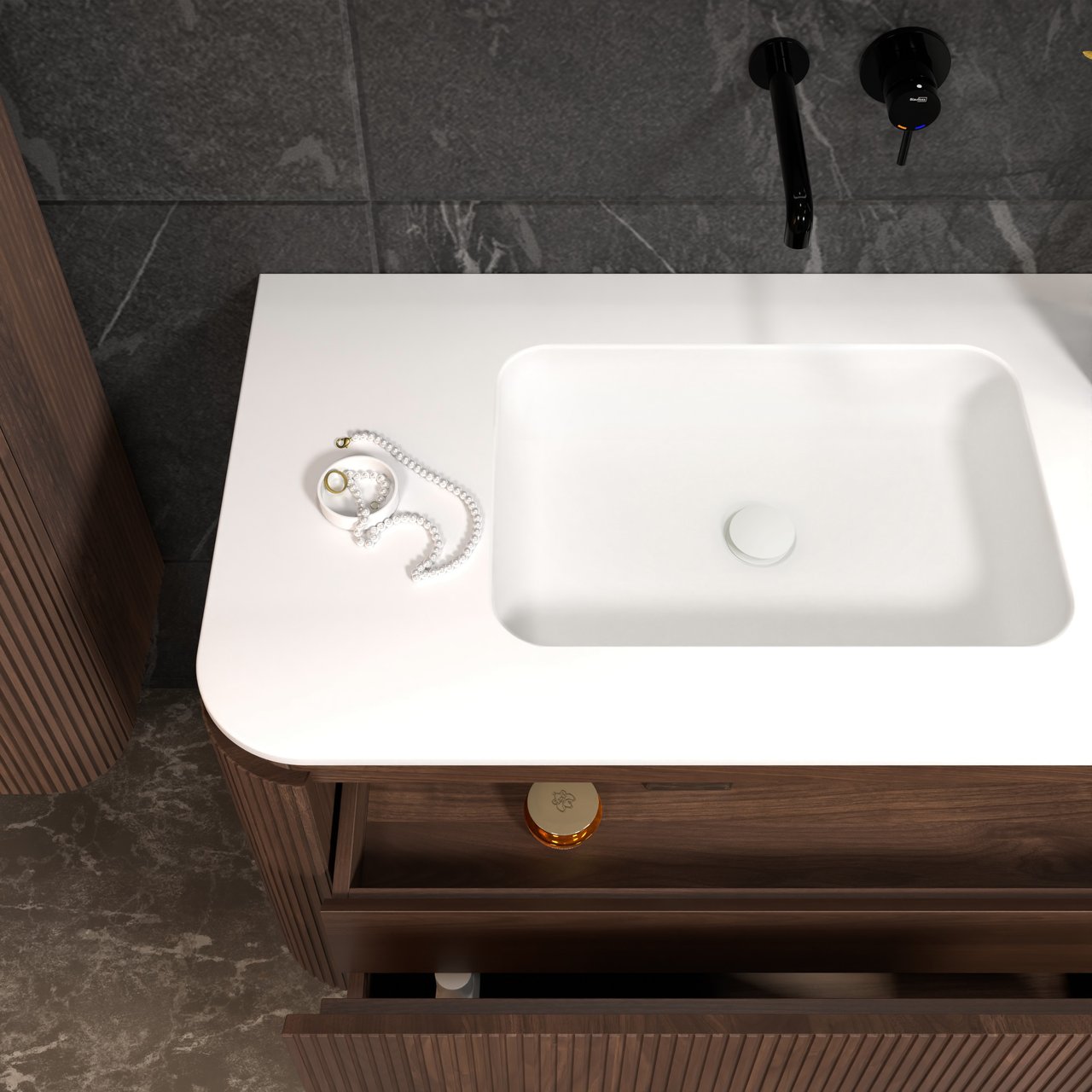 Balmani Moon hängendes Möbelstück Set: 100 x 55 cm, Amerikanischer Nussbaum, mit Moon Einzelwaschtisch, Solid Surface, Weiß matt, Vertikale symmetrische gerade Rippe