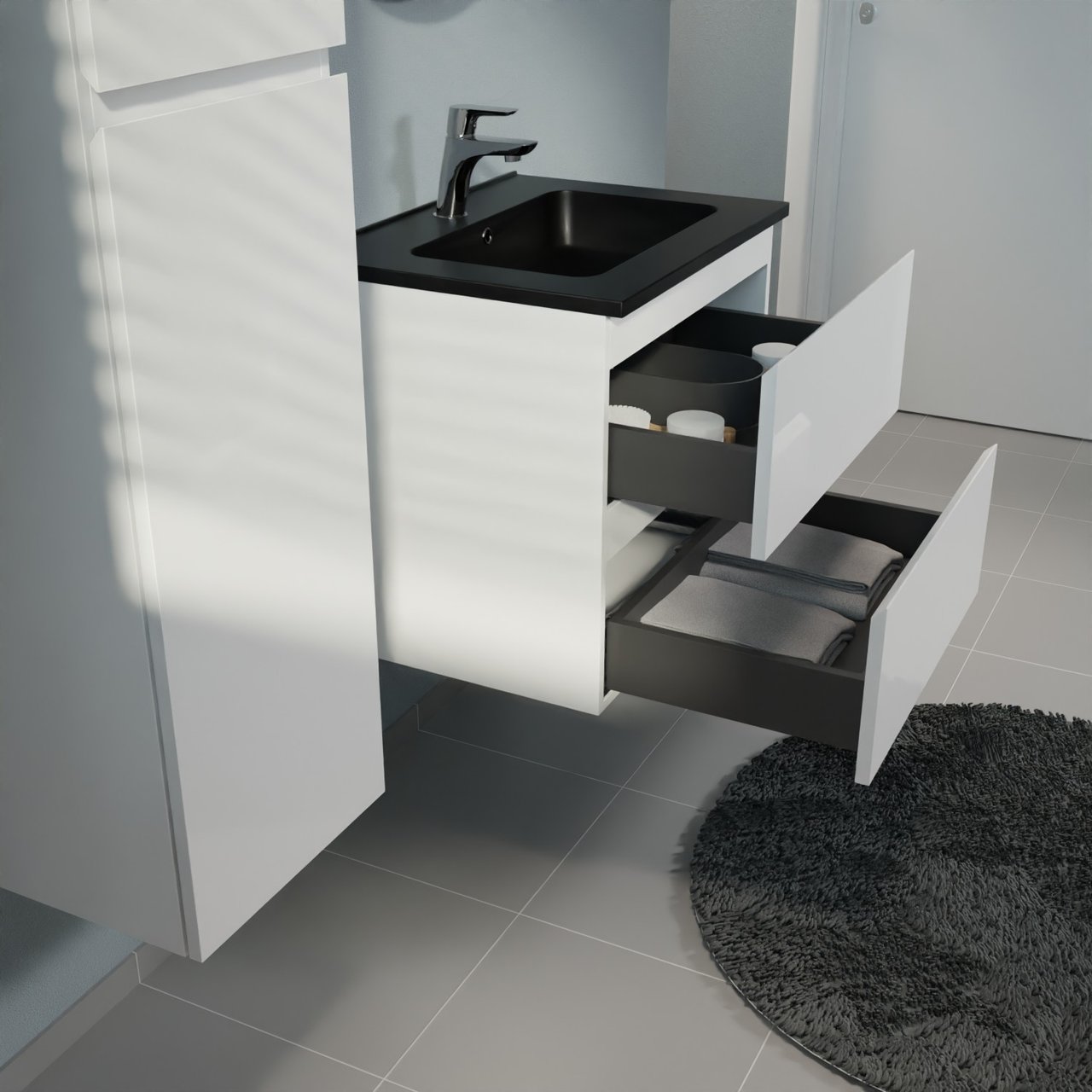 Linie Lado zwevend badmeubel 60 x 46 cm hoogglans wit met Vano enkele wastafel in composietmarmer mat zwart