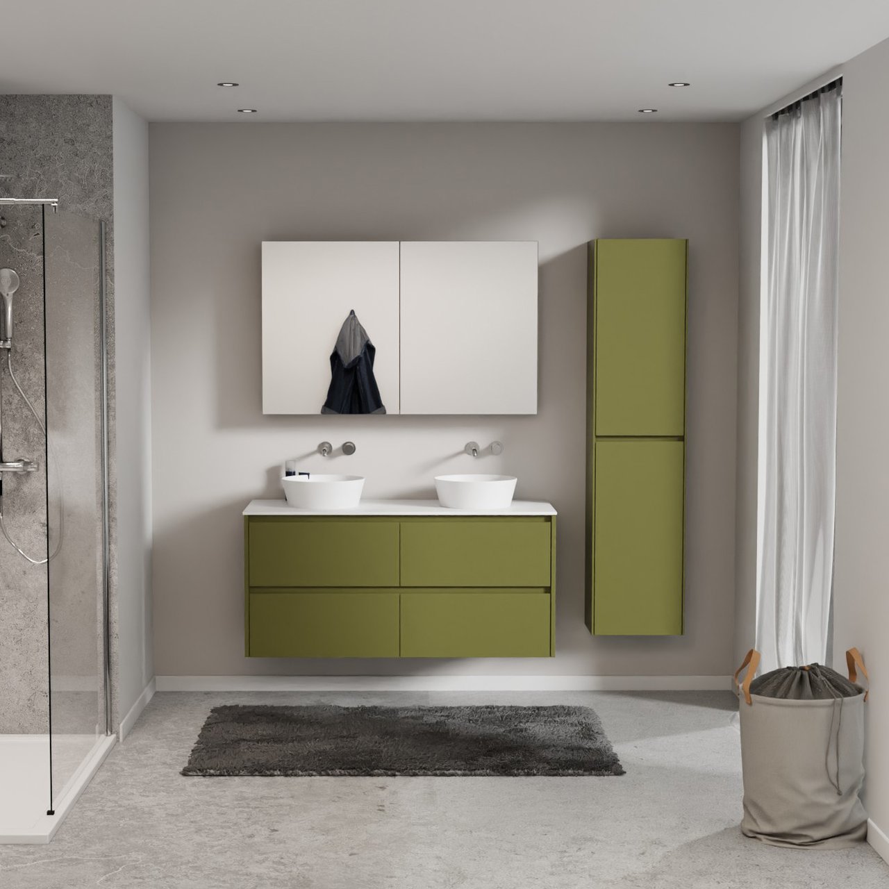 Storke Seda zwevend badkamermeubel 130 x 52 cm olijfgroen met Tavola enkel of dubbel tablet in solid surface mat wit