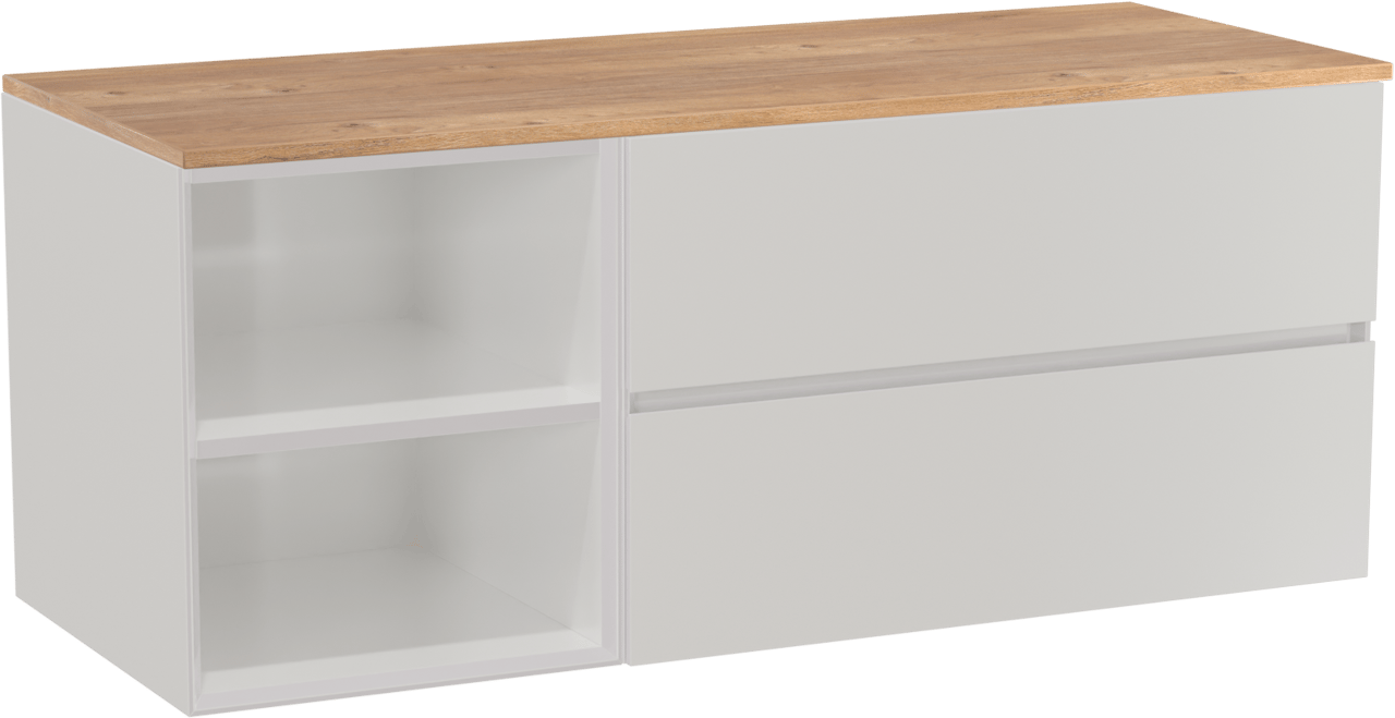 Storke Edge meuble salle de bains suspendu 130 x 52 cm blanc brillant avec Panton tablette simple ou double en mélaminé chêne brut