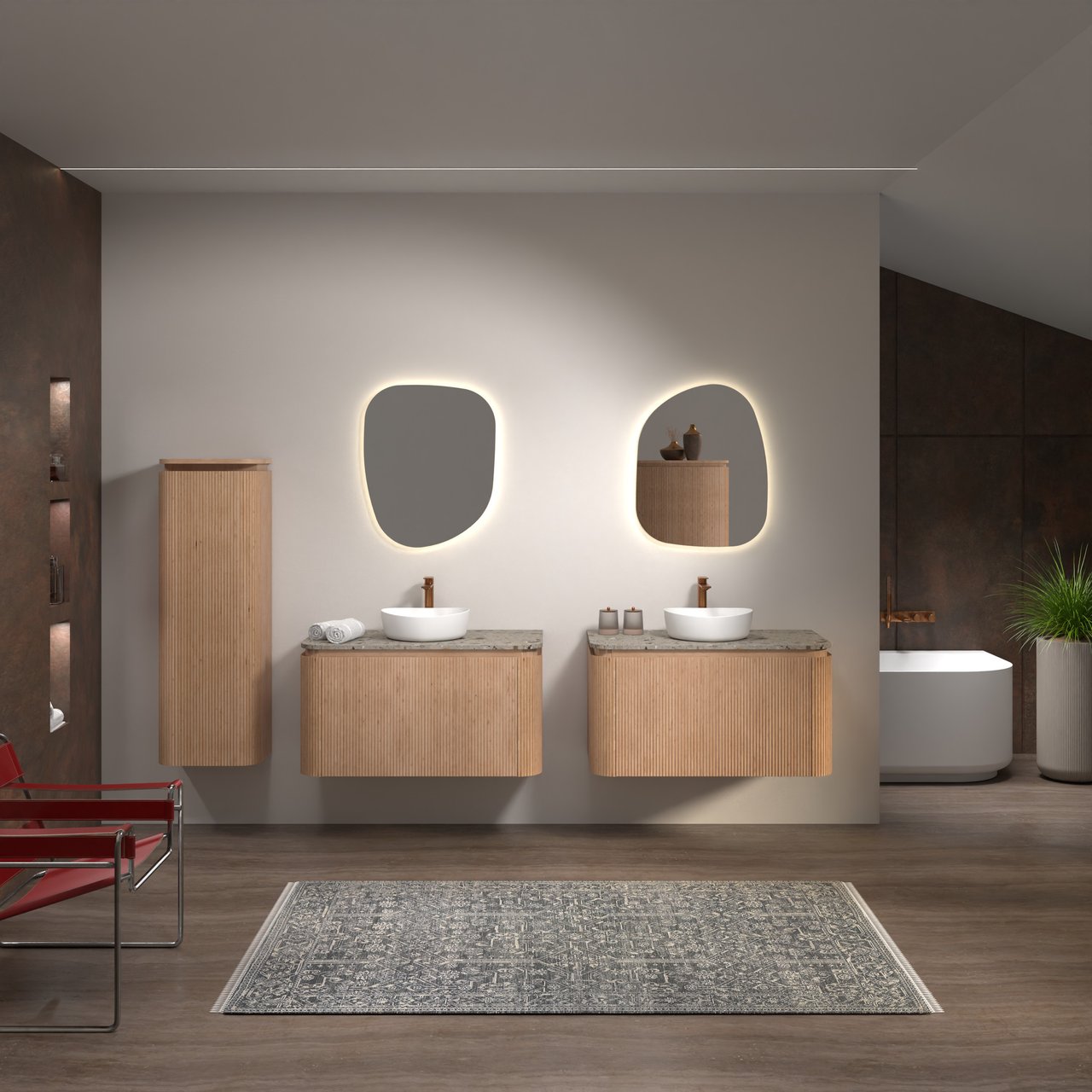 Balmani Moon meuble salle de bains suspendu 100 x 55 cm chêne naturel avec Moon tablette simple en terrazzo greige terrazzo, Nervure droite symétrique verticale