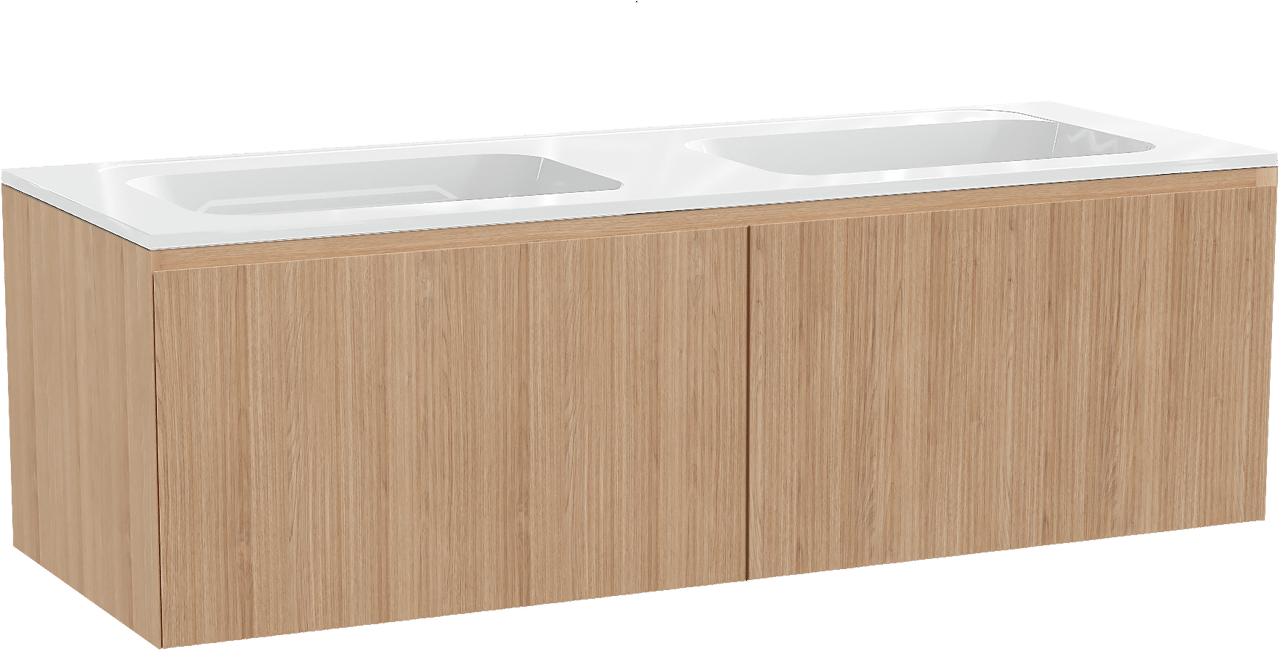Balmani Fila by Mitra hängendes Möbelstück Set: 150 x 55 cm, Naturbelassene Eiche, mit Tablo Strada Doppelwaschtisch, Marmorkomposit, Weiß glänzend, Vertikale symmetrische gerade Rippe