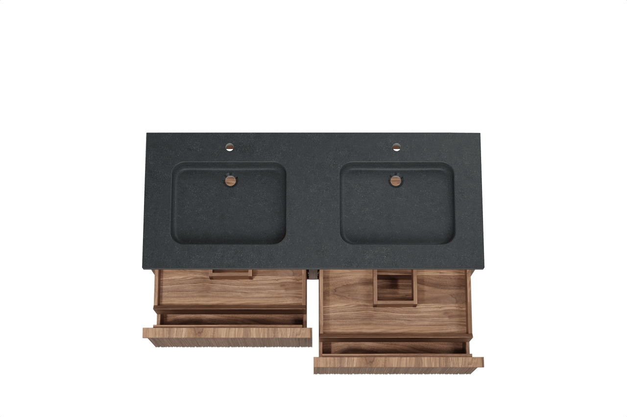 Balmani Forma hängendes Möbelstück Set: 135 x 55 cm, Amerikanischer Nussbaum, mit Napoli Doppelwaschtisch, Granit, Schwarzes Granit, Vertikale asymmetrische Runde Rippe