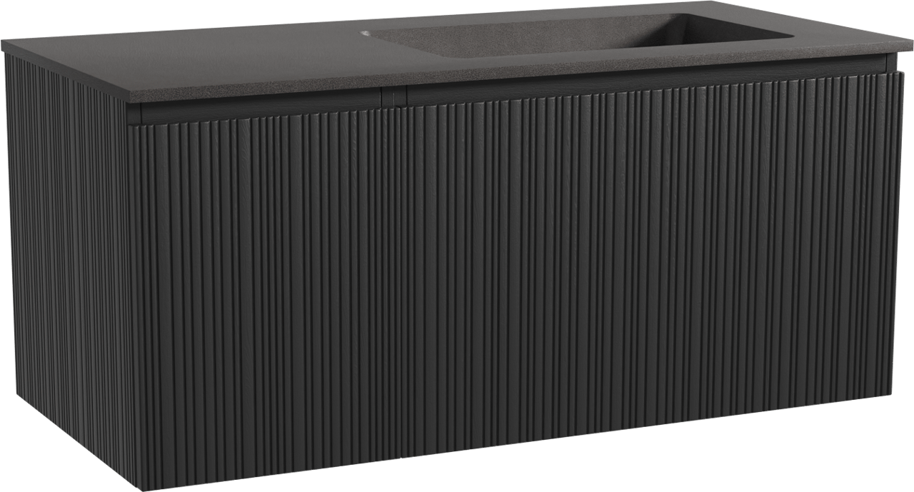 Storke Ribs zwevend badmeubel 110 x 52 cm zwart eiken met Scuro asymmetrisch rechtse wastafel in kwarts mat zwart, Verticale asymmetrische rechte ribbel
