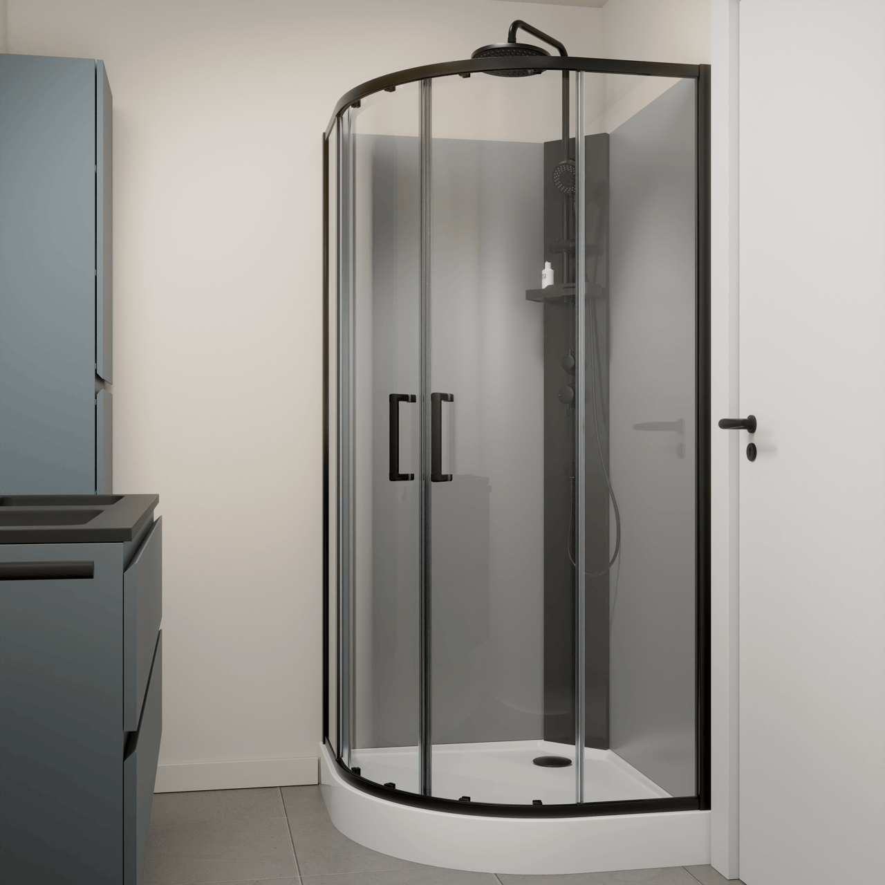 Linie Salta kwartronde douchecabine met schuifdeuren 90 x 90 cm helder glas zwart profiel met kraan