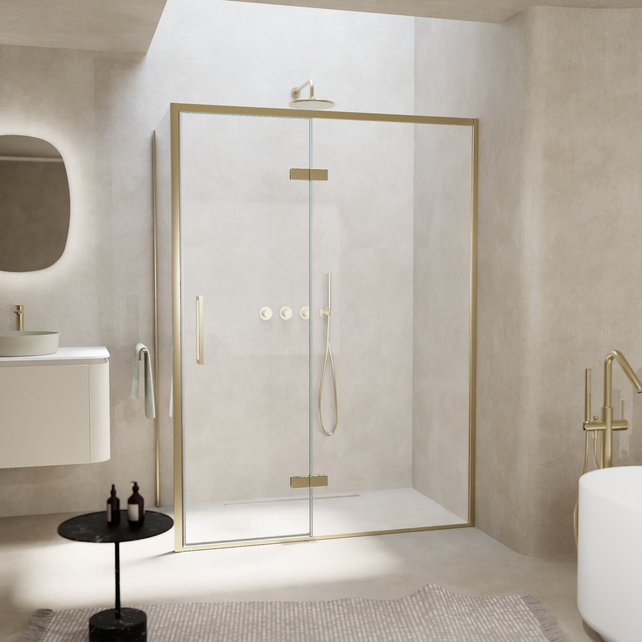 Balmani Senses Design douche en coin avec porte pivotante à droite et paroi latérale fixe, 140 x 100 cm, Verre transparent, Profil Brushed Champagne Gold, coating inclus, coating inclus