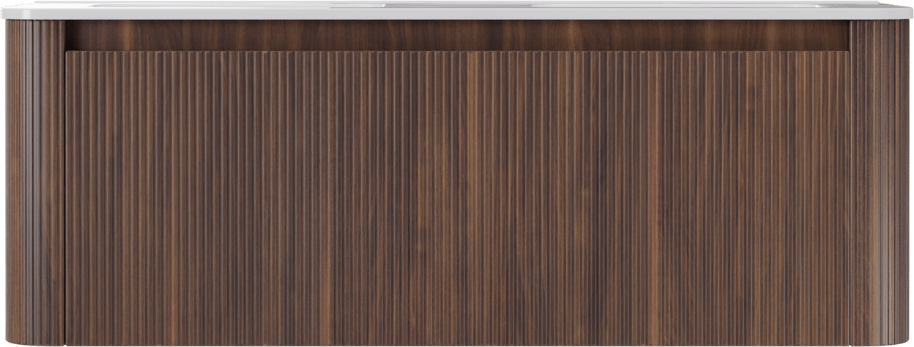 Storke Soft zwevend badmeubel 140 x 46 cm notenhout met Kera Soft dubbele wastafel in porselein hoogglans wit, Verticale symmetrische rechte ribbel