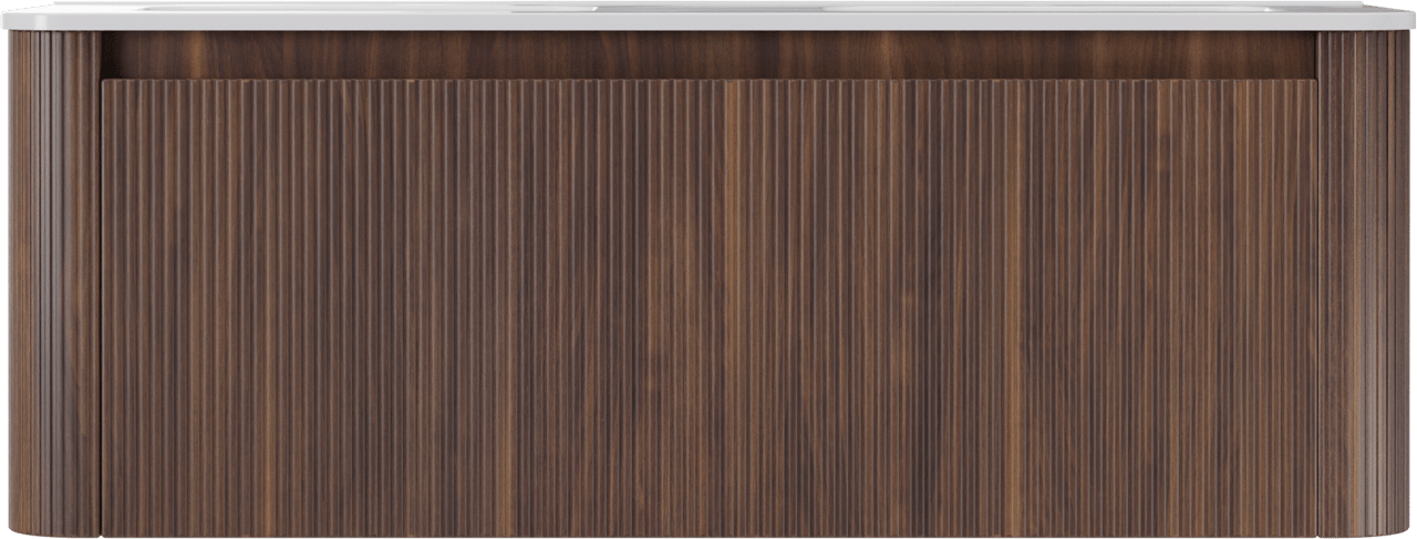 Storke Soft meuble salle de bains suspendu 140 x 46 cm noyer avec Kera Soft double vasque en porcelaine blanc brillant, Nervure droite symétrique verticale