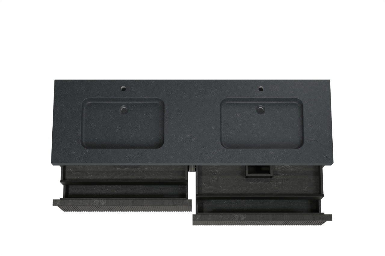 Balmani Forma hängendes Möbelstück Set: 180 x 55 cm, Schwarze Eiche, mit Napoli Doppelwaschtisch, Granit, Schwarzes Granit, Vertikale symmetrische gerade Rippe
