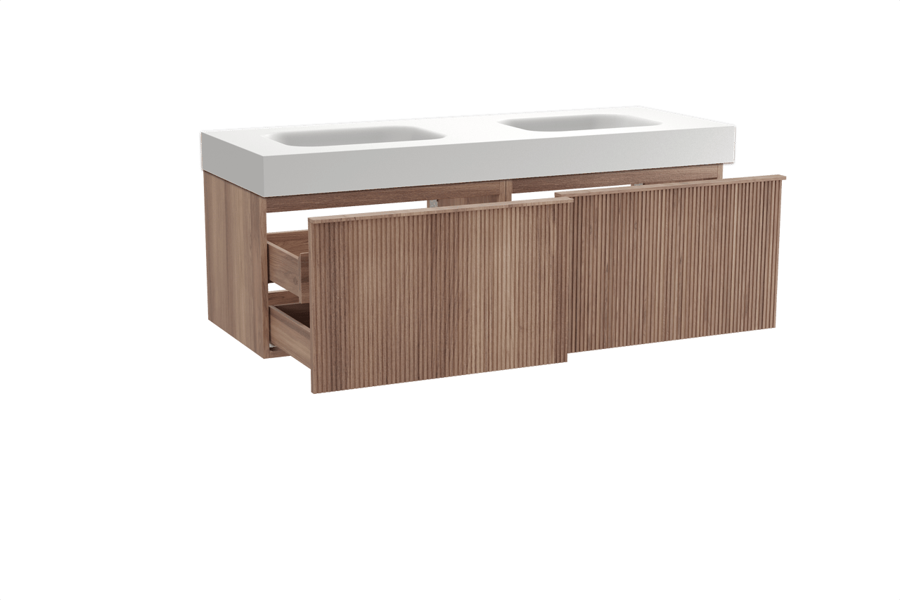 Balmani Forma zwevend badmeubel 150 x 55 cm teakhout met Arcato dubbele wastafel in solid surface mat wit, Verticale symmetrische rechte ribbel