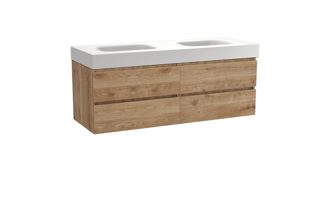 Balmani Lucida meuble salle de bains suspendu 150 x 55 cm chêne brut avec Arcato double vasque en solid surface blanc mat