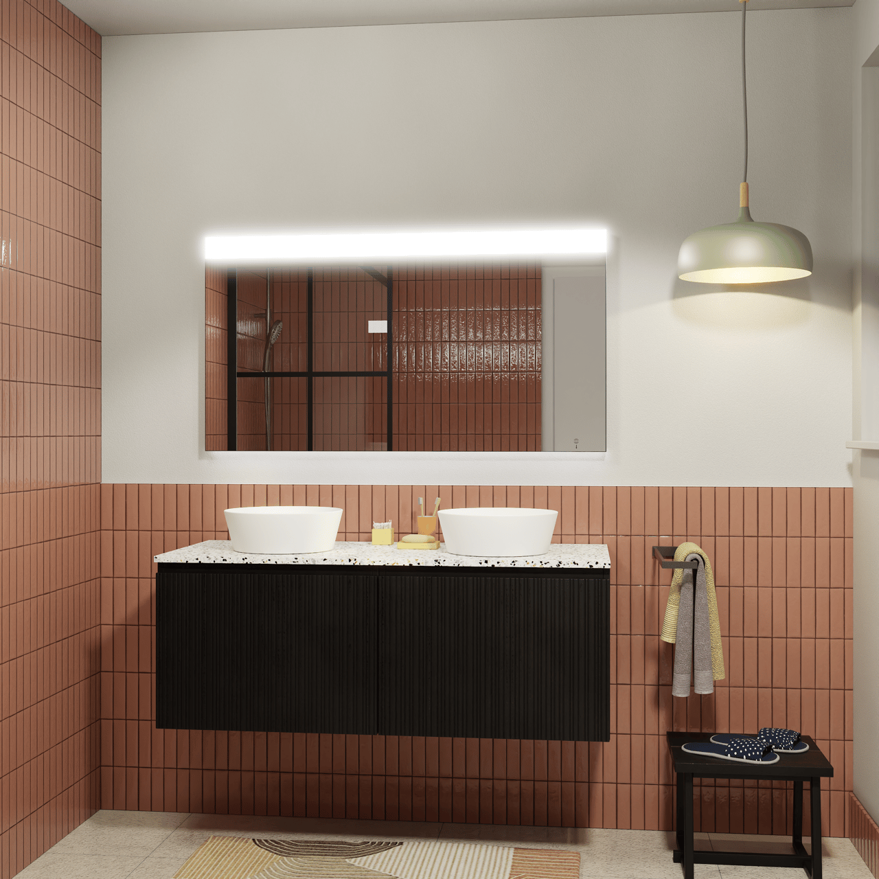 Storke Ribs meuble salle de bains suspendu 130 x 52 cm chêne noir avec Tavola tablette simple ou double en blanc/noir mat terrazzo, Nervure droite asymétrique verticale