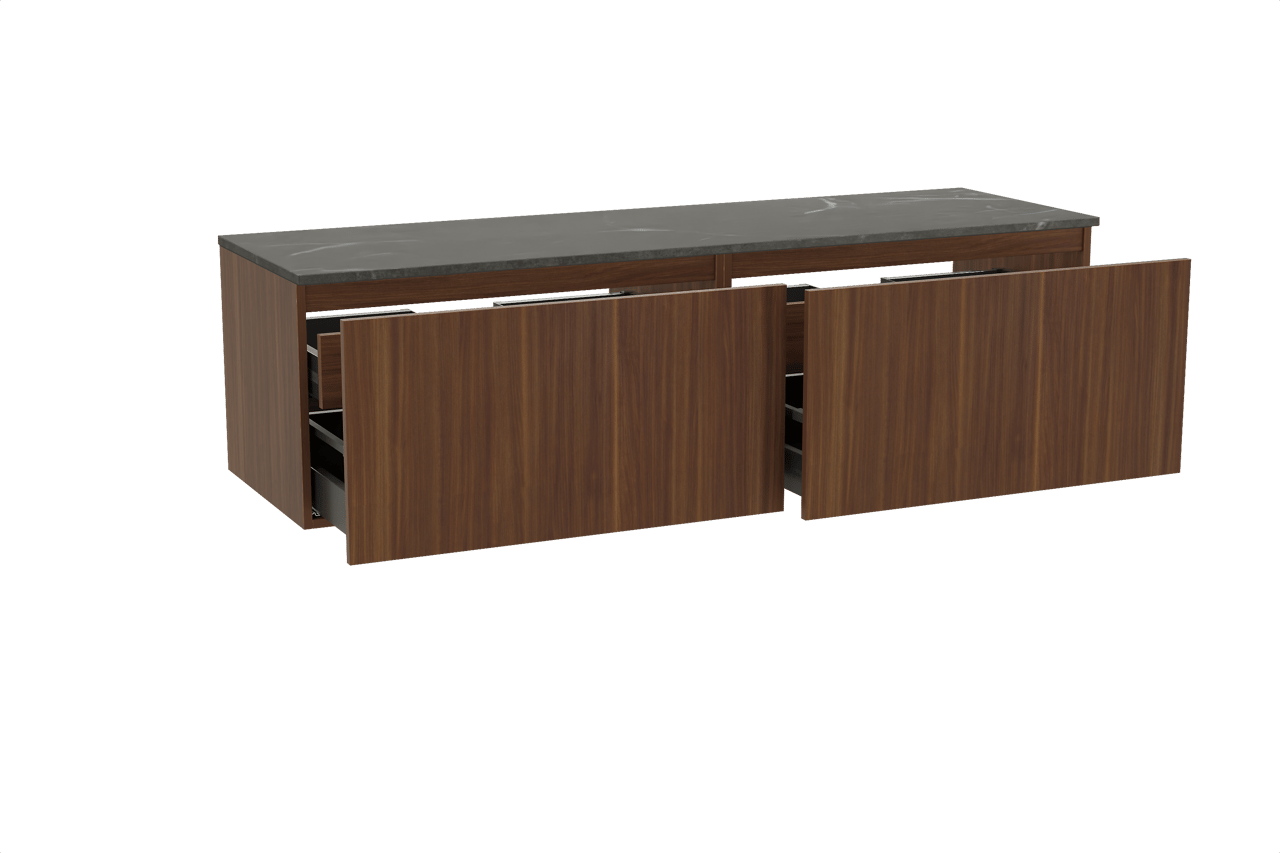 Balmani Sfera zwevend badkamermeubel 180 x 55 cm amerikaanse notelaar met Stretto enkel of dubbel tablet in marmer pietra grey