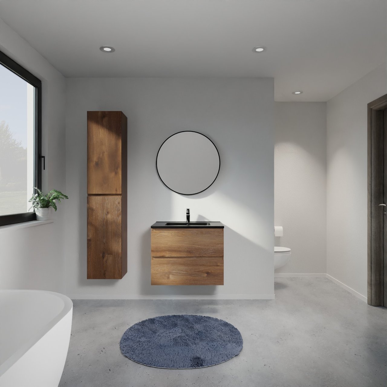 Linie Lado hängendes Möbelstück Set: 70 x 46 cm, Braune Eiche, mit Vano Einzelwaschtisch, Marmorkomposit Schwarz matt