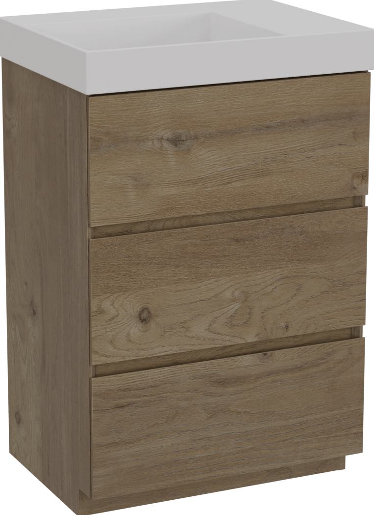 Storke Edge freistehendes Möbelstück Set: 60 x 46 cm, Rohe Eiche, mit Jura Waschtisch links, Solid Surface Weiß matt