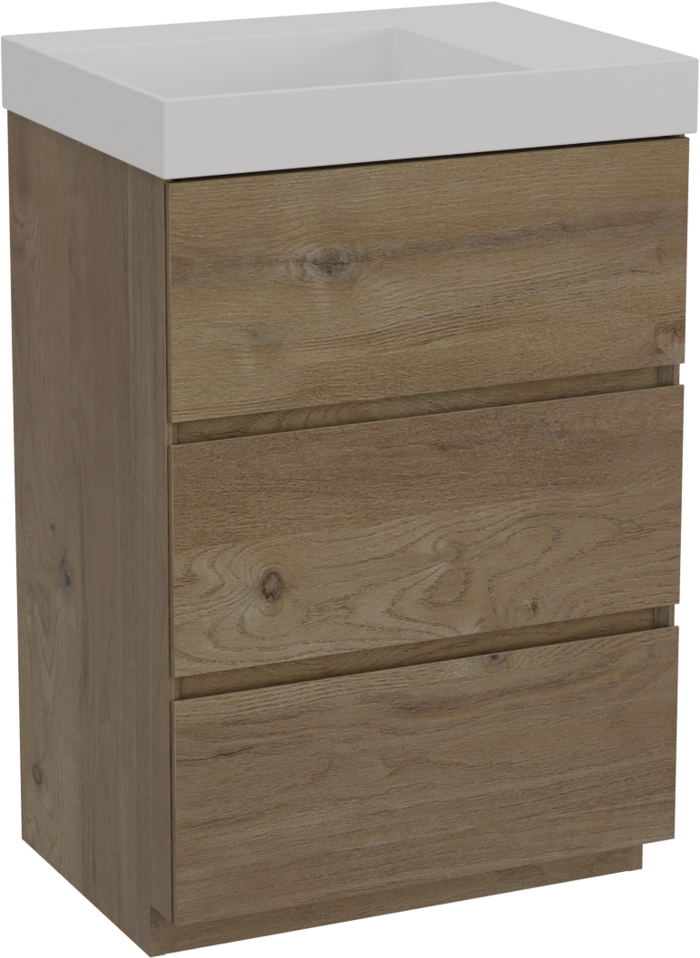 Storke Edge freistehendes Möbelstück Set: 60 x 46 cm, Rohe Eiche, mit Jura Waschtisch links, Solid Surface Weiß matt