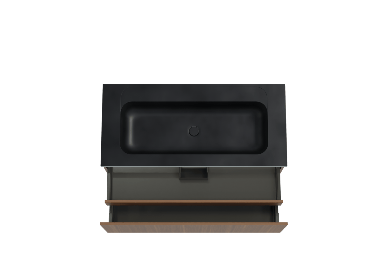 Balmani Sfera meuble salle de bains suspendu 120 x 55 cm noyer américain avec Tablo Strada lavabo simple pour 2 trous de robinet en marbre composite noir mat