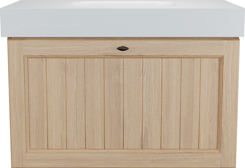 Balmani Lemon hängendes Möbelstück Set: 90 x 55 cm, Naturbelassene Eiche Furnier, mit Arcato Einzelwaschtisch, Weiß matt