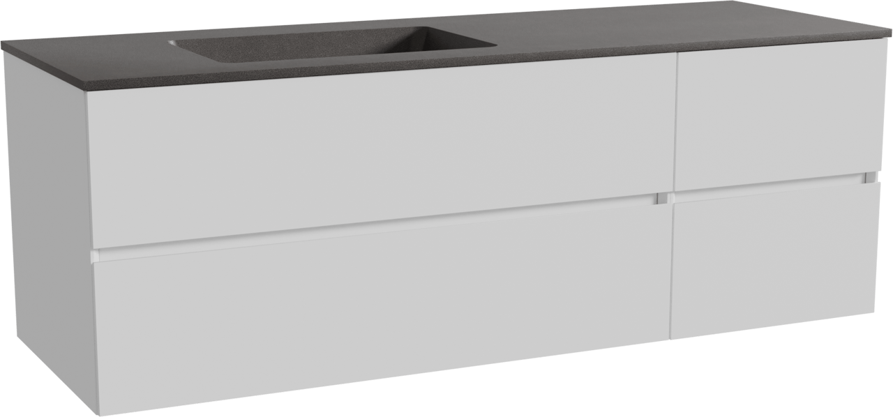 Storke Edge zwevend badmeubel 150 x 52 cm mat wit met Scuro asymmetrisch linkse wastafel in kwarts mat zwart