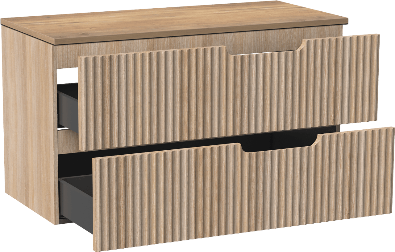 Linie Ribbo meuble salle de bains suspendu 100 x 46 cm chêne clair avec Lado tablette simple ou double en mélaminé chêne naturel, Nervure circulaire symétrique verticale