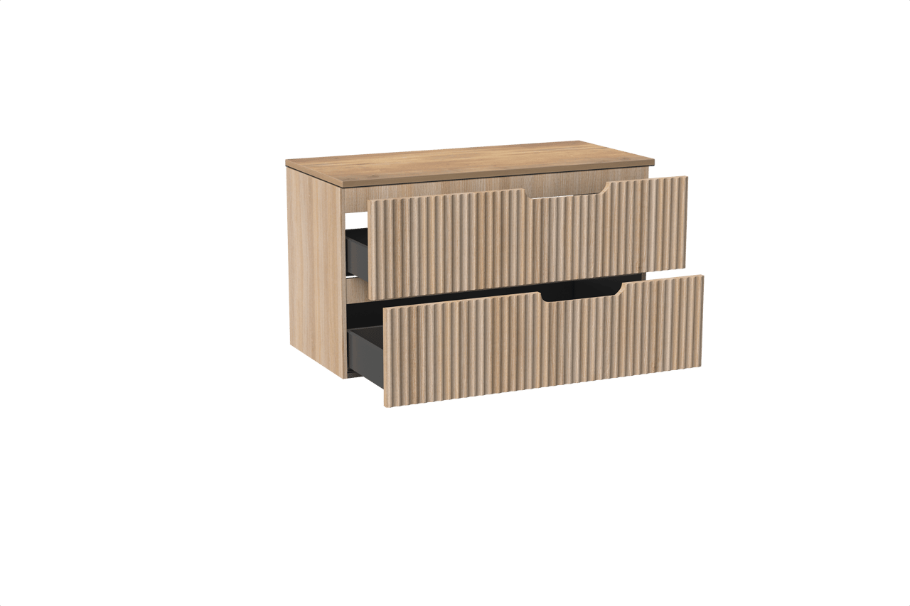 Linie Ribbo meuble salle de bains suspendu 100 x 46 cm chêne clair avec Lado tablette simple ou double en mélaminé chêne naturel, Nervure circulaire symétrique verticale