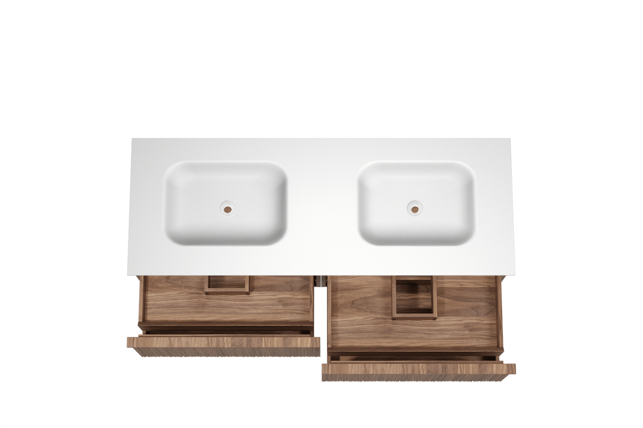 Balmani Forma zwevend badmeubel 150 x 55 cm amerikaans notenhout met Tablo Arcato dubbele wastafel in solid surface mat wit, Verticale asymmetrische ronde ribbel