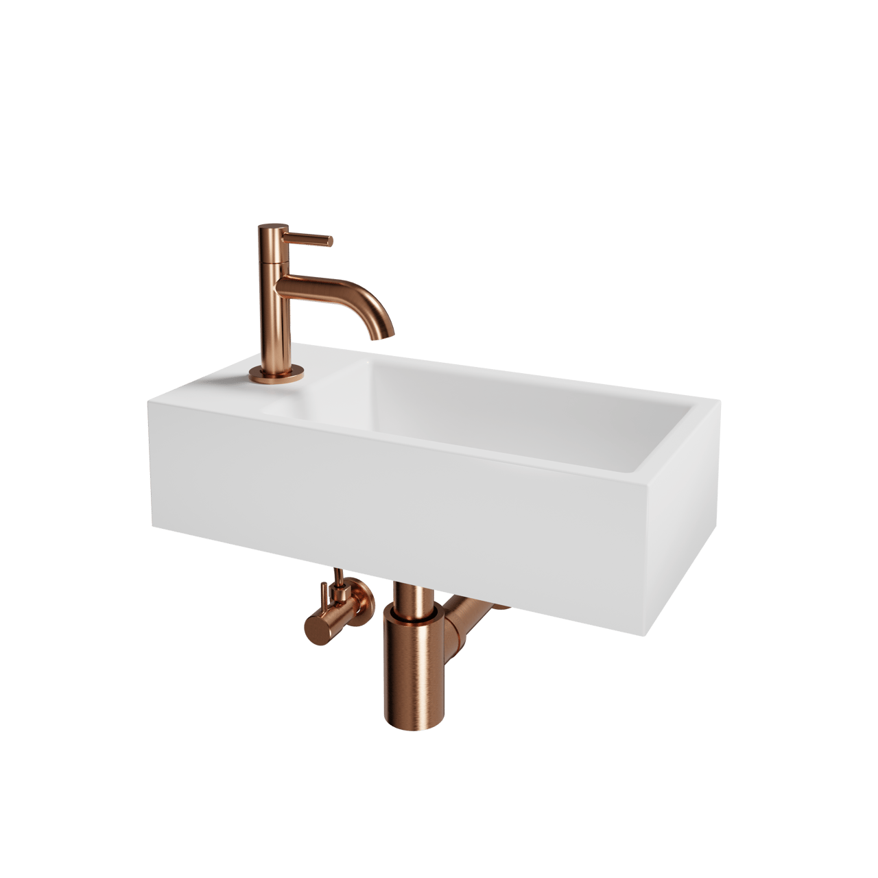 Luca Varess Cubic Handwaschbecken Set, Keramik weiß glänzend, 40,5 x 20 cm, Links, inklusive Rosegold Wasserhahn und Zubehör