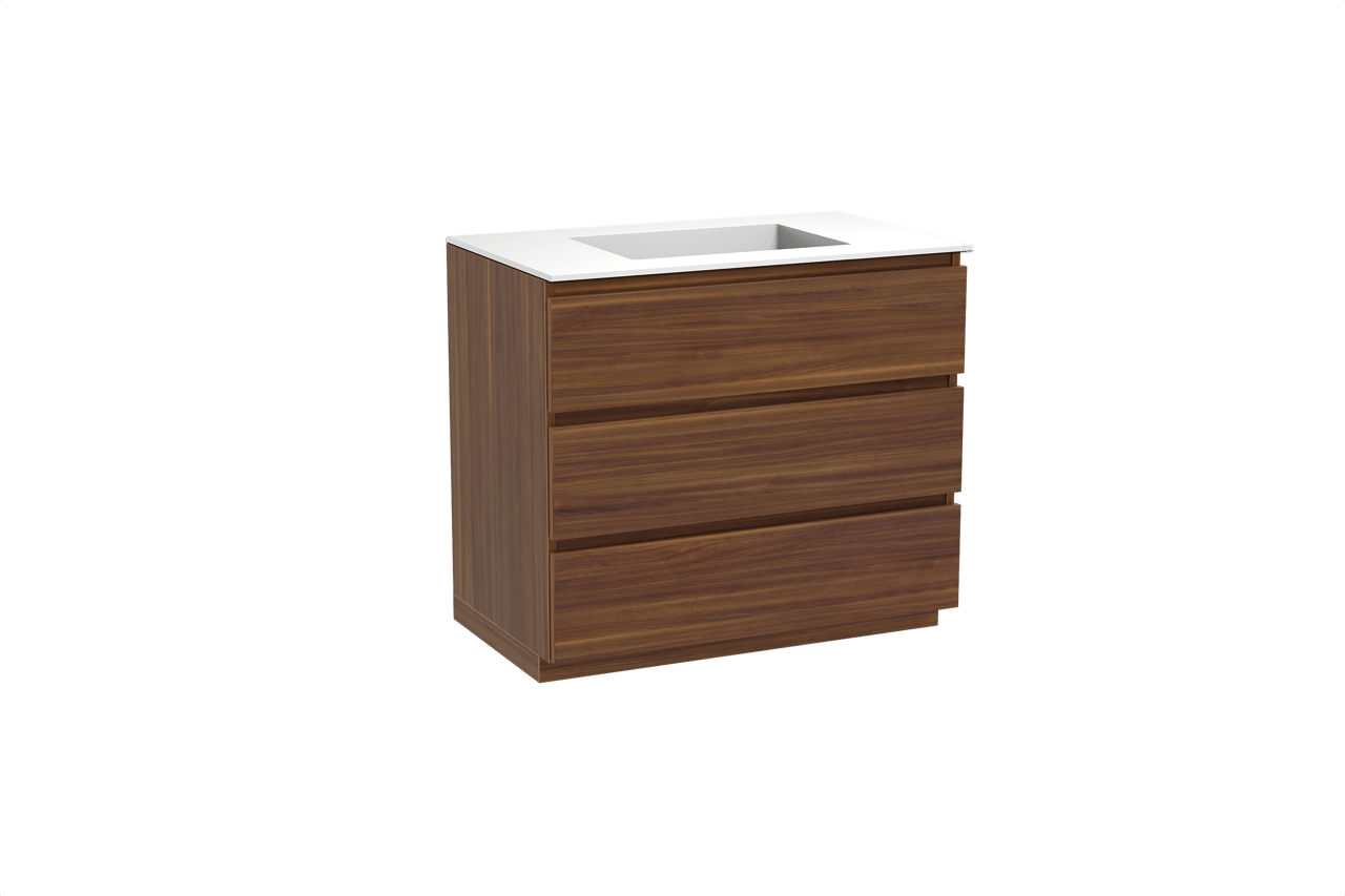 Balmani Lucida staand badkamermeubel 90 x 55 cm amerikaanse notelaar met Tablo Stretto enkele wastafel in solid surface mat wit