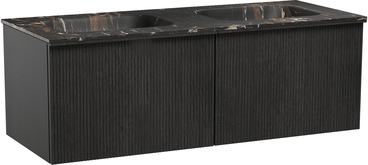 Balmani Forma hängendes Möbelstück Set: 135 x 55 cm, Schwarze Eiche, mit Tablo Arcato Doppelwaschtisch, Marmor, Portoro Gold, Vertikale symmetrische gerade Rippe