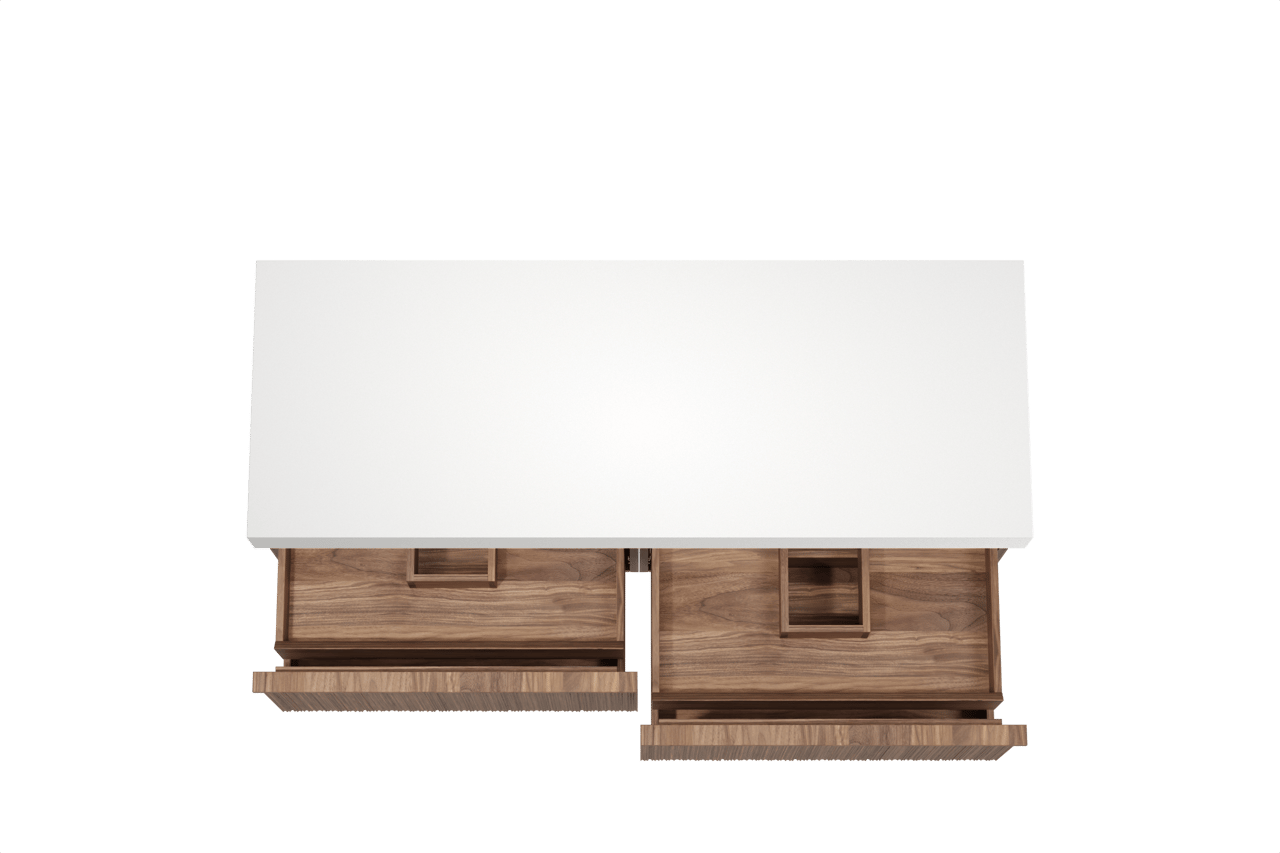 Balmani Forma meuble salle de bains suspendu 150 x 55 cm noyer américain avec Dominus tablette simple ou double en solid surface blanc mat, Nervure circulaire asymétrique verticale