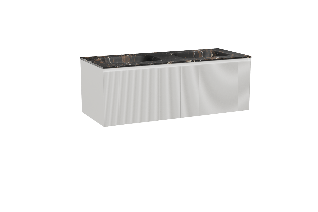 Balmani Fila meuble salle de bains suspendu 135 x 55 cm blanc mat avec Tablo Arcato double vasque en marbre portoro gold, Nervure droite symétrique verticale