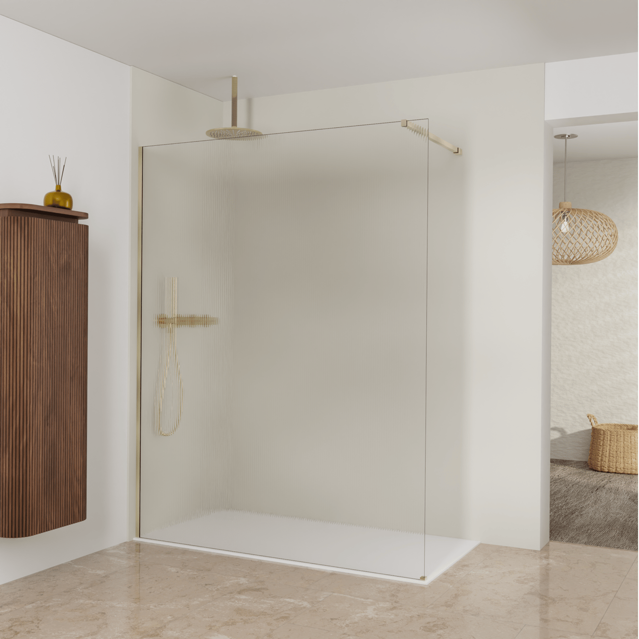 Balmani Modular Walk-In Dusche: 160 x 200 cm, Ribs, inklusive Coating, Profil Brushed Champagne Gold
