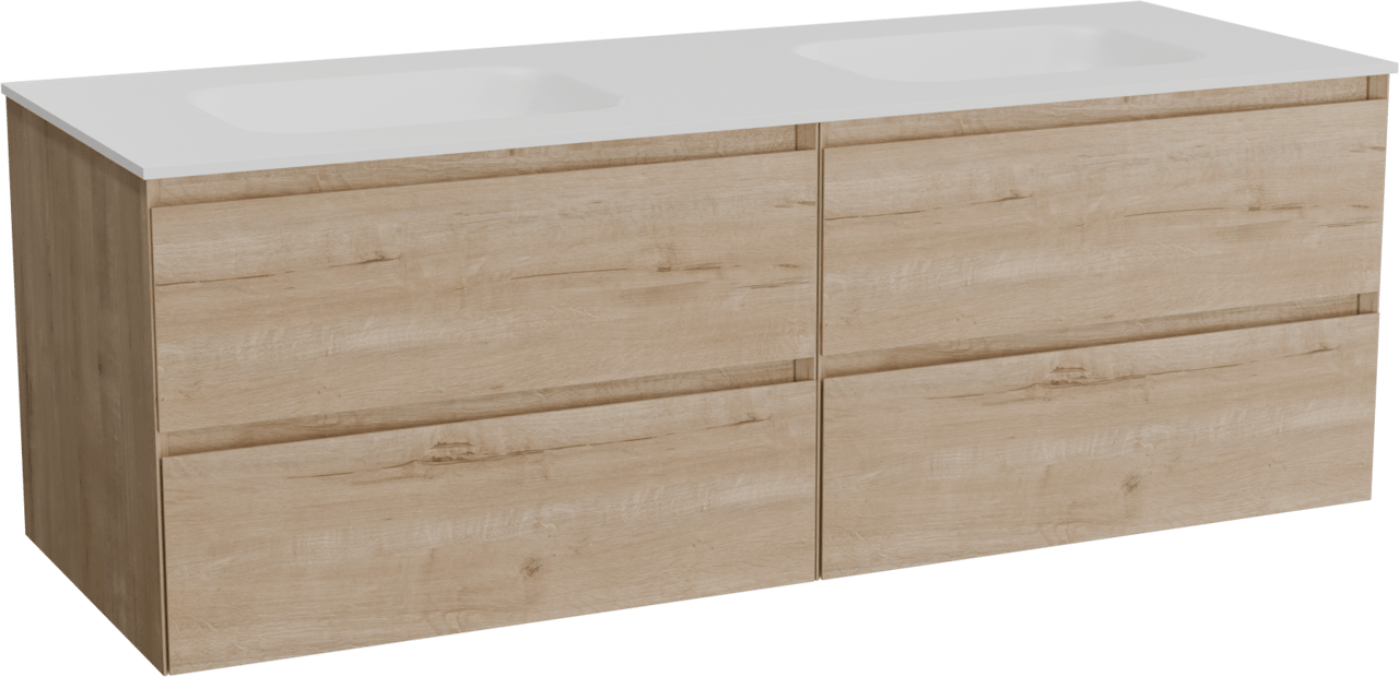 Balmani Mitra hängendes Möbelstück Set: 150 x 55 cm, Rohe Eiche, mit Tablo Arcato Doppelwaschtisch, Solid Surface Weiß matt