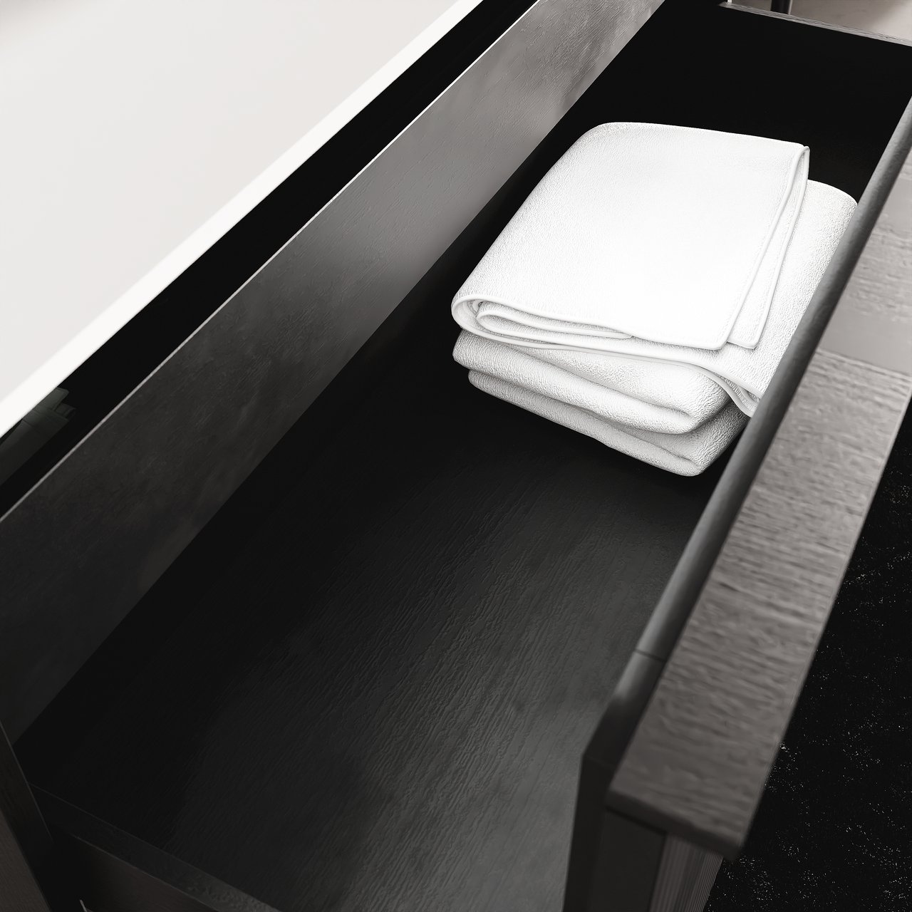 Balmani Forma meuble salle de bains suspendu 120 x 55 cm chêne noir avec Tablo Arcato lavabo simple pour 2 trous de robinet en solid surface blanc mat, Nervure droite symétrique verticale