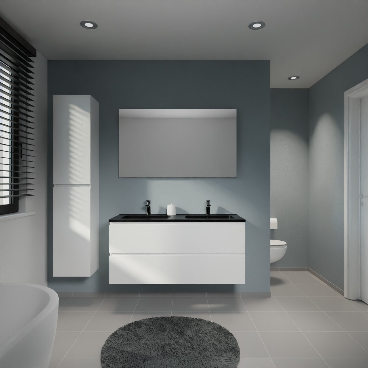 Linie Lado meuble salle de bains suspendu 120 x 46 cm blanc brillant avec Vano double vasque en marbre composite noir mat