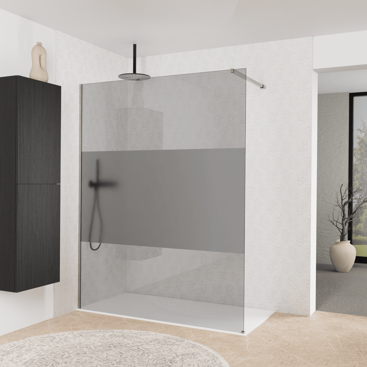 Balmani Modular inloopdouche: 160 x 200 cm, Rookglas met matte strook, Brushed Inox profielen