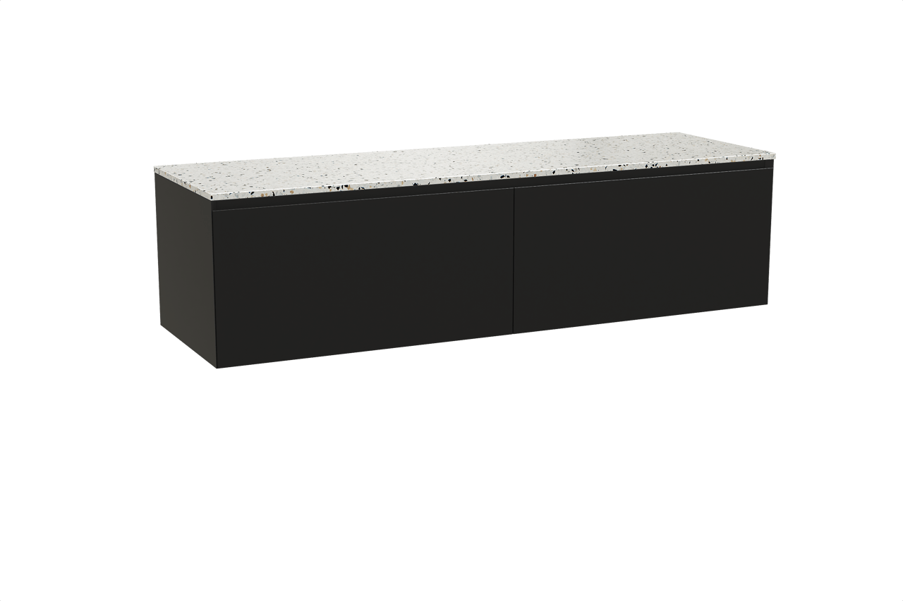 Balmani Idra zwevend badmeubel 180 x 55 cm mat zwart met Stretto enkel of dubbel wastafelblad in mat wit/zwart terrazzo