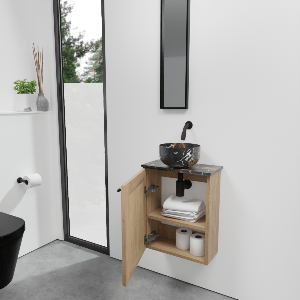 Balmani Lemon zwevend toiletmeubel 42 x 21 cm verweerd eiken met Facetta wastafelblad en Bowl waskom in Portoro Gold marmer