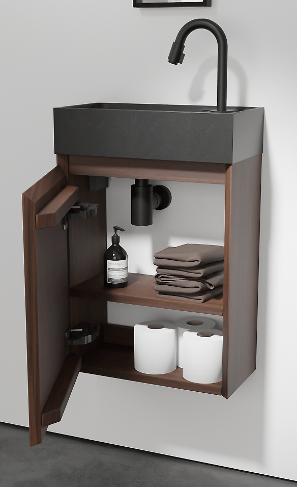 Balmani Mitra hängendes WC-Möbel-Set, 42 x 21 cm, amerikanischer Nussbaum, mit Dama Waschtisch in poliertem Granit