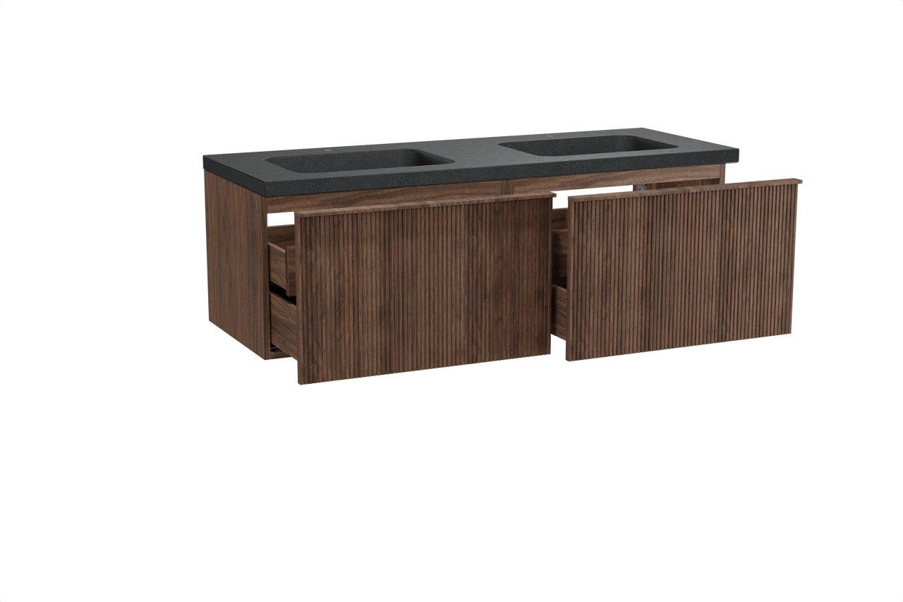 Balmani Forma zwevend badkamermeubel 150 x 55 cm amerikaanse notelaar met Napoli dubbele wastafel in graniet zwart, Verticale symmetrische rechte ribbel