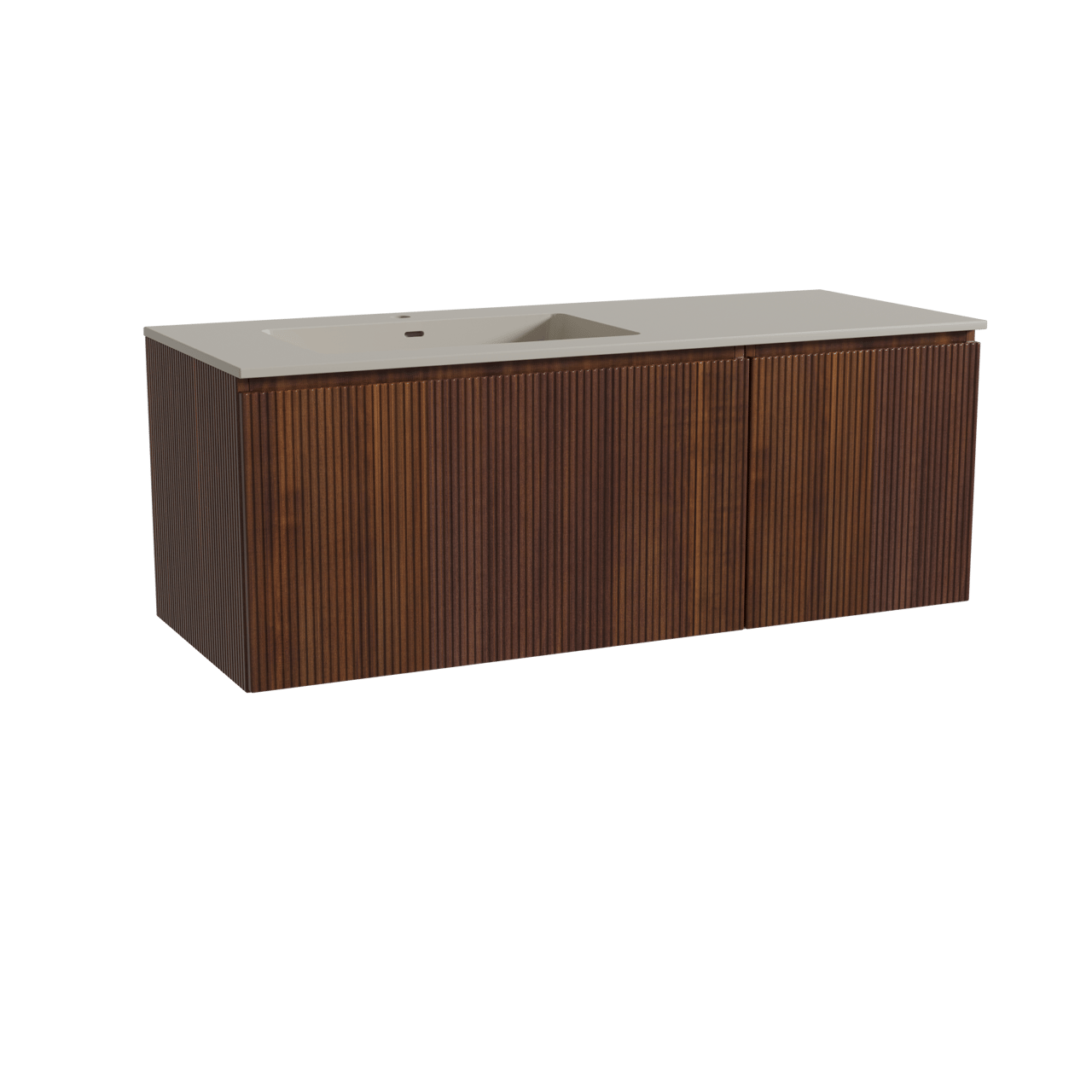 Storke Ribs zwevend badkamermeubel 130 x 52 cm notelaar met Diva asymmetrisch linkse wastafel in top solid zijdegrijs, Verticale symmetrische rechte ribbel