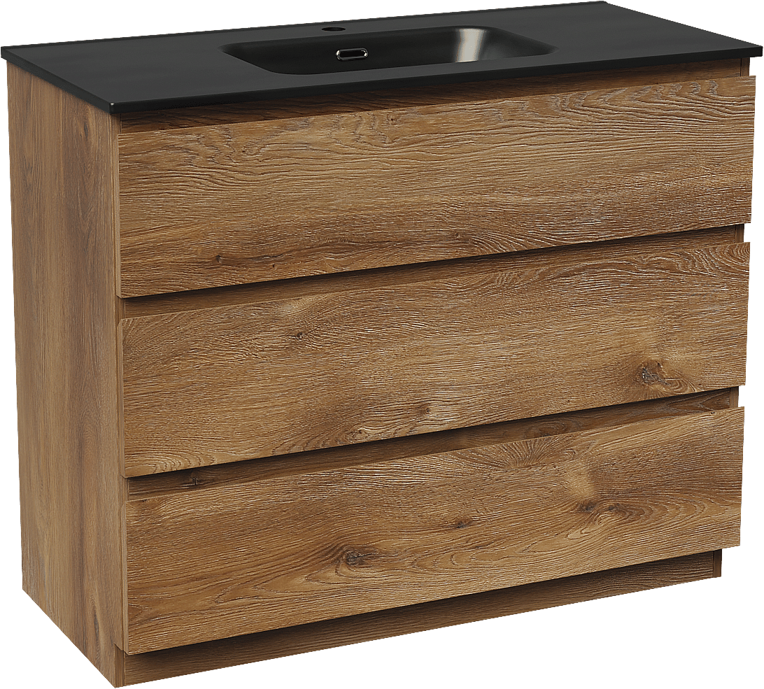 Linie Lado freistehendes Möbelstück Set: 100 x 46 cm, Braune Eiche, mit Baro Einzelwaschtisch, Porzellan Schwarz matt