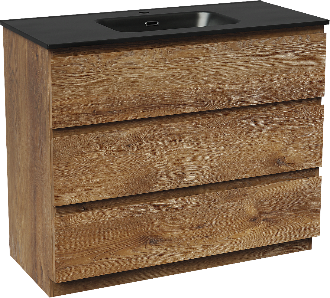 Linie Lado staand badkamermeubel 100 x 46 cm bruine eik met Baro enkele wastafel in porselein mat zwart