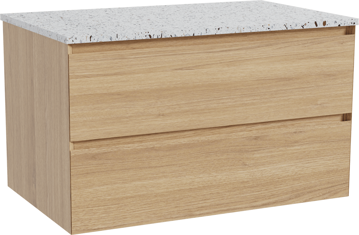 Balmani Mitra meuble salle de bains suspendu 90 x 55 cm chêne naturel avec Stretto tablette simple en blanc/noir mat terrazzo