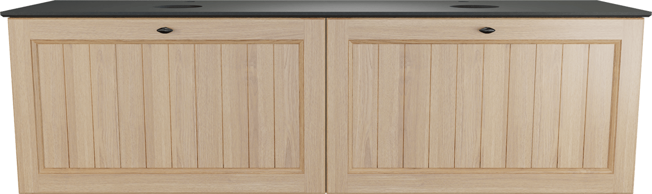 Balmani Lemon hängendes Möbelstück Set: 180 x 55 cm, Naturbelassene Eiche Furnier, mit Facetta Doppel Waschtischplatte, Schwarzes Granit